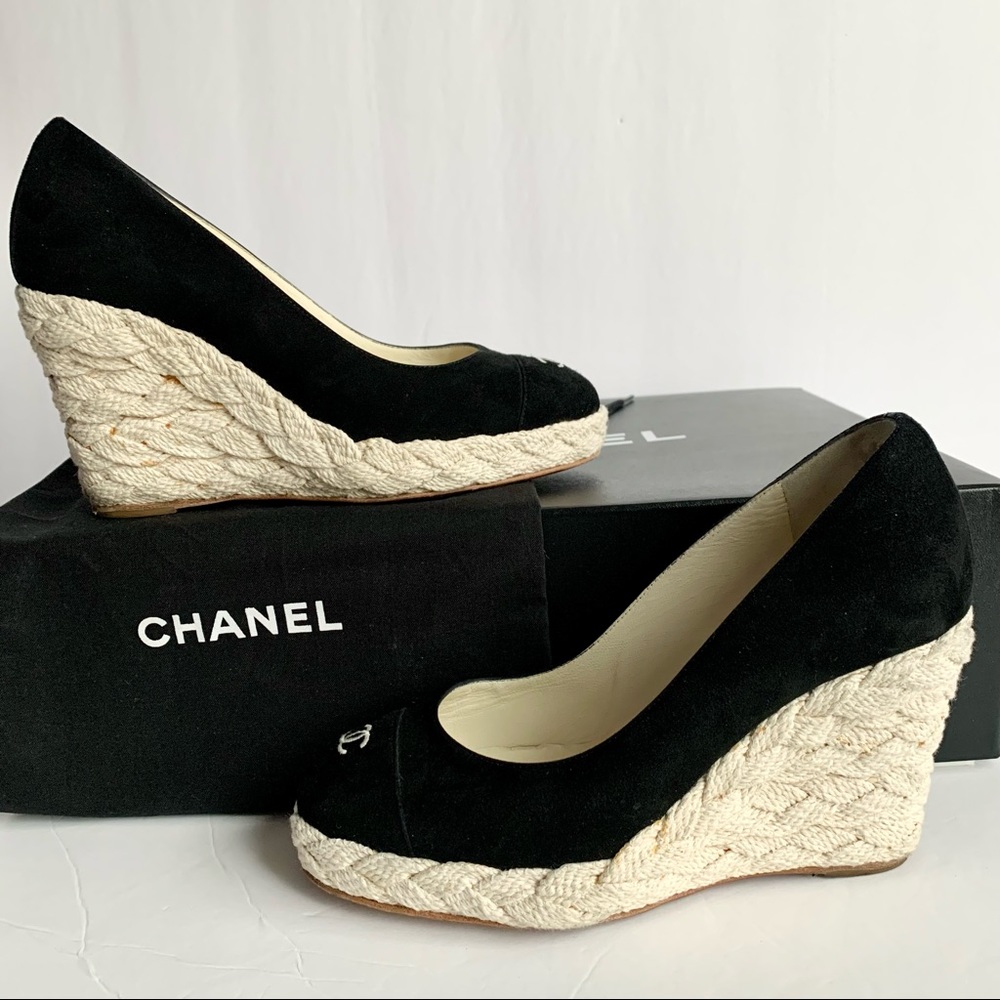💎✨Gorgeous✨💎 Chanel Black Suede Leather Cap Toe Espadrille Wedges Authentic! - Picture 3 of 9